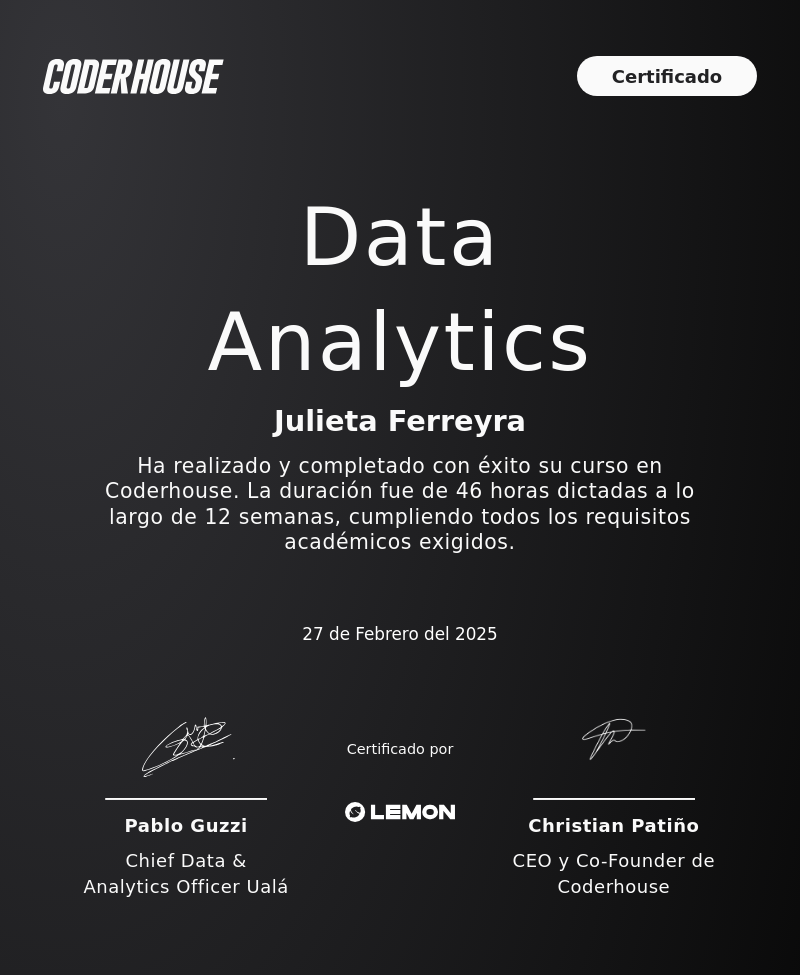 Certificado de Finalización en Coderhouse Data Analytics